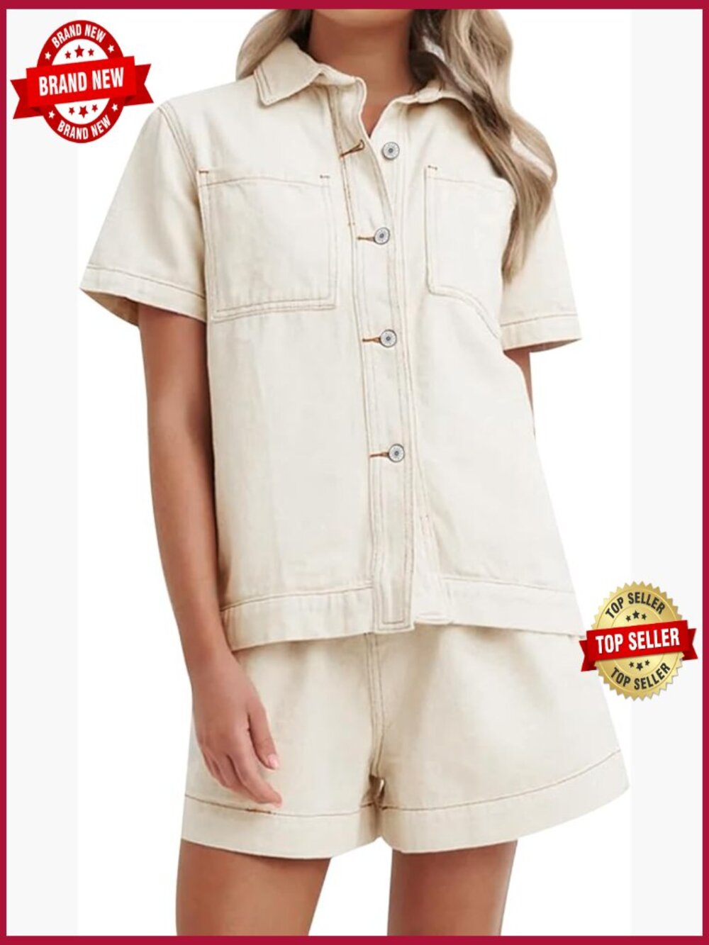 2 Piece Denim Set Short Sleeve Button Down Top & High Waist Shorts Casual Lounge